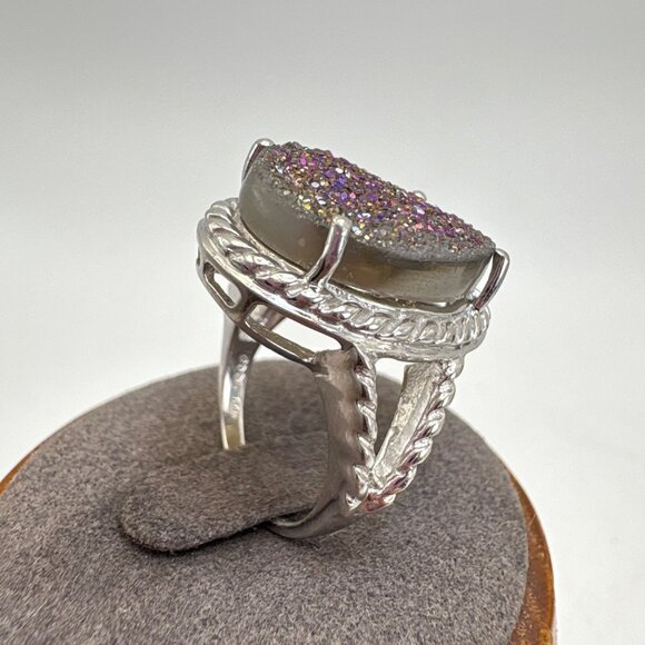 VTG Sterling Silver 925 Purple Gray Drusy Oval Rope Design Statement Ring Size 7 - Picture 4 of 12